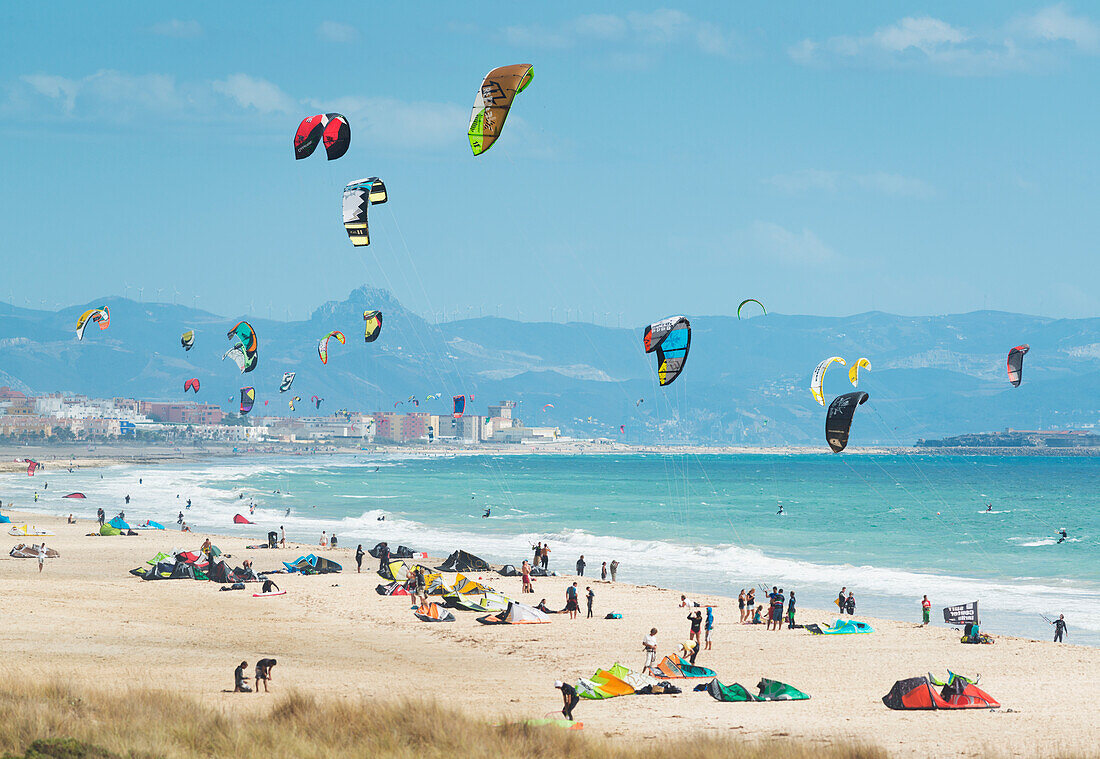 'Kitesurfing along the coast; tarifa cadiz andalusia spain'