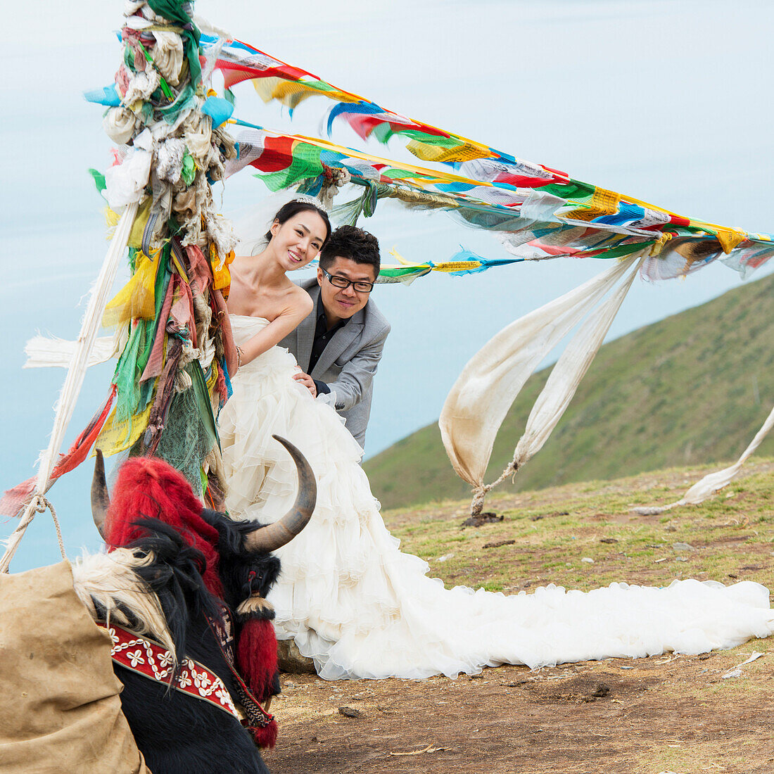 'China, Xizang, Tibet, Bride And Groom Posing Under Prayer Flags Flying In Wind; Shannan'