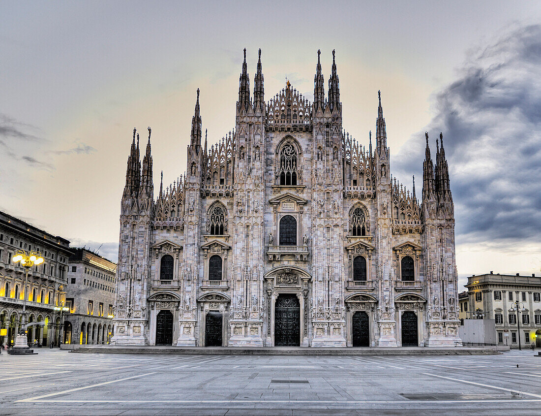 'Italy, View Of Milan Cathedral In Piazza Del Duomo At Sunrise; Milan'