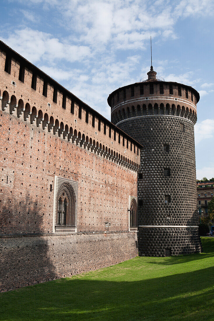 'Italy, Lombardia, Sforza's Castle Wall And Round Tower With Blue Sky; Milano'