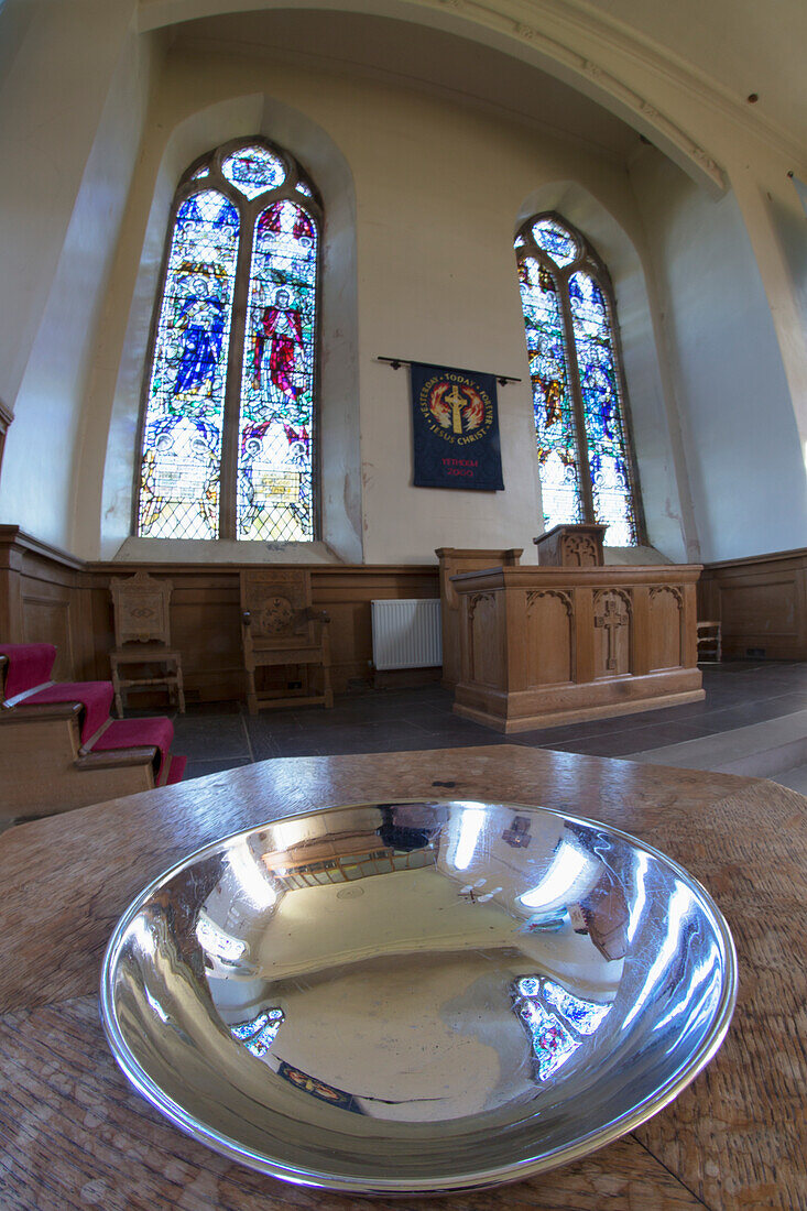 'Uk, Scotland, Scottish Borders, Silver Metal Bowl In Church Interior; Yetholm'
