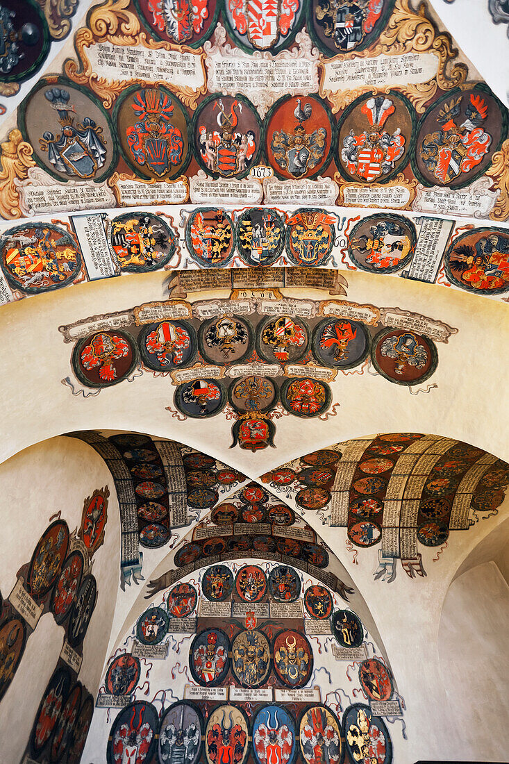'Czech Republic, Colorful Crests Displayed On Curved Ceiling And Walls; Prague'