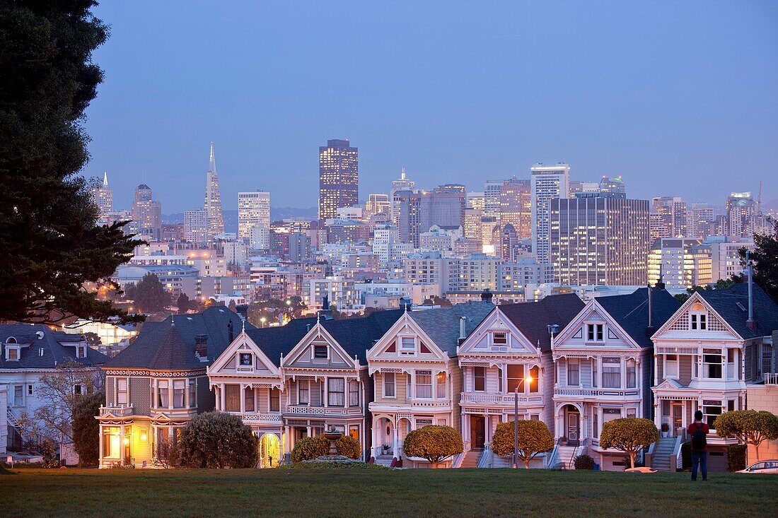 Victorian houses Painted Ladies at Alamo Square and the Skyline of San Francisco at night, California, United States of America, USA
