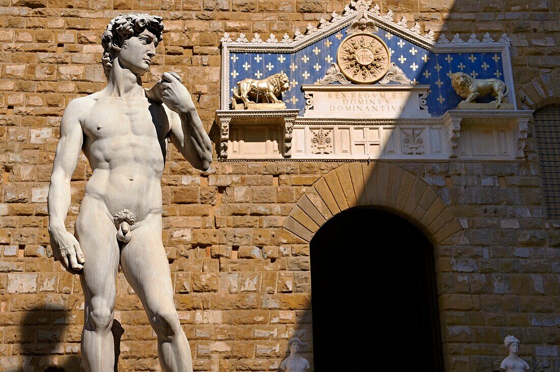 Renaissance sculpture created between 1501 and 1504, by the Italian artist Michelangelo  In front of the Palazzo Vecchio, Piazza della Signoria in Florence, Italy