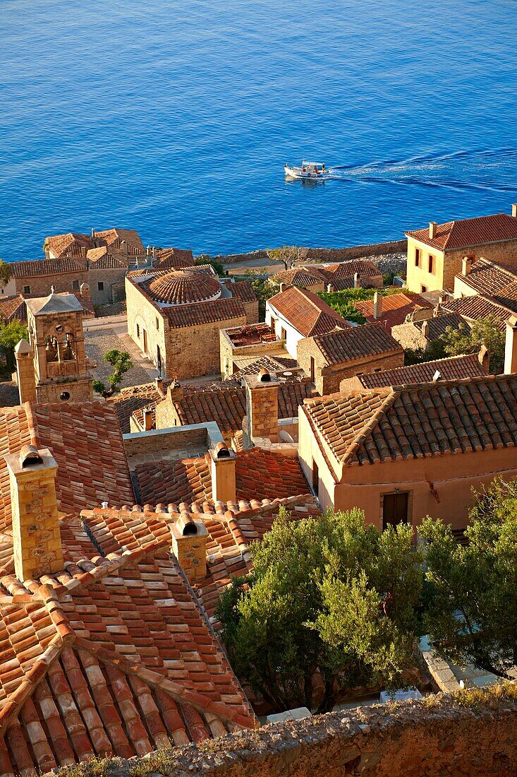 Arial view of Monemvasia             Byzantine Island catsle town with acropolis on the plateau  Peloponnese, Greece