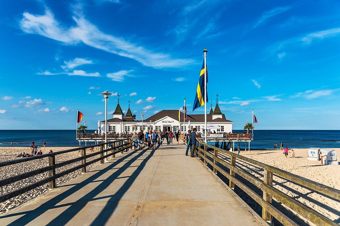 The Ahlbeck pier is a pier on the Baltic Sea The pier is 280 meters long It was built in 1882 and rebuilt several times, Ahlbeck, Usedom Island, County Vorpommern-Greifswald, Mecklenburg-Western Pomerania, Germany, Europe, No Model Release available!