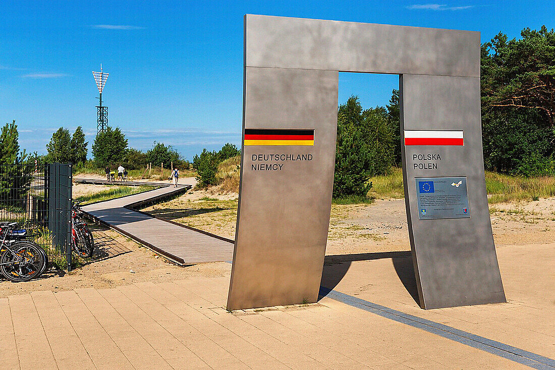 Border between Germany and Poland The border crossing is located between the Baltic resort Ahlbeck, municipality Heringsdorf, Usedom Island, County Vorpommern-Greifswald, Mecklenburg-Western Pomerania, Germany, Europe and the Polish Swinoujscie, West Pome