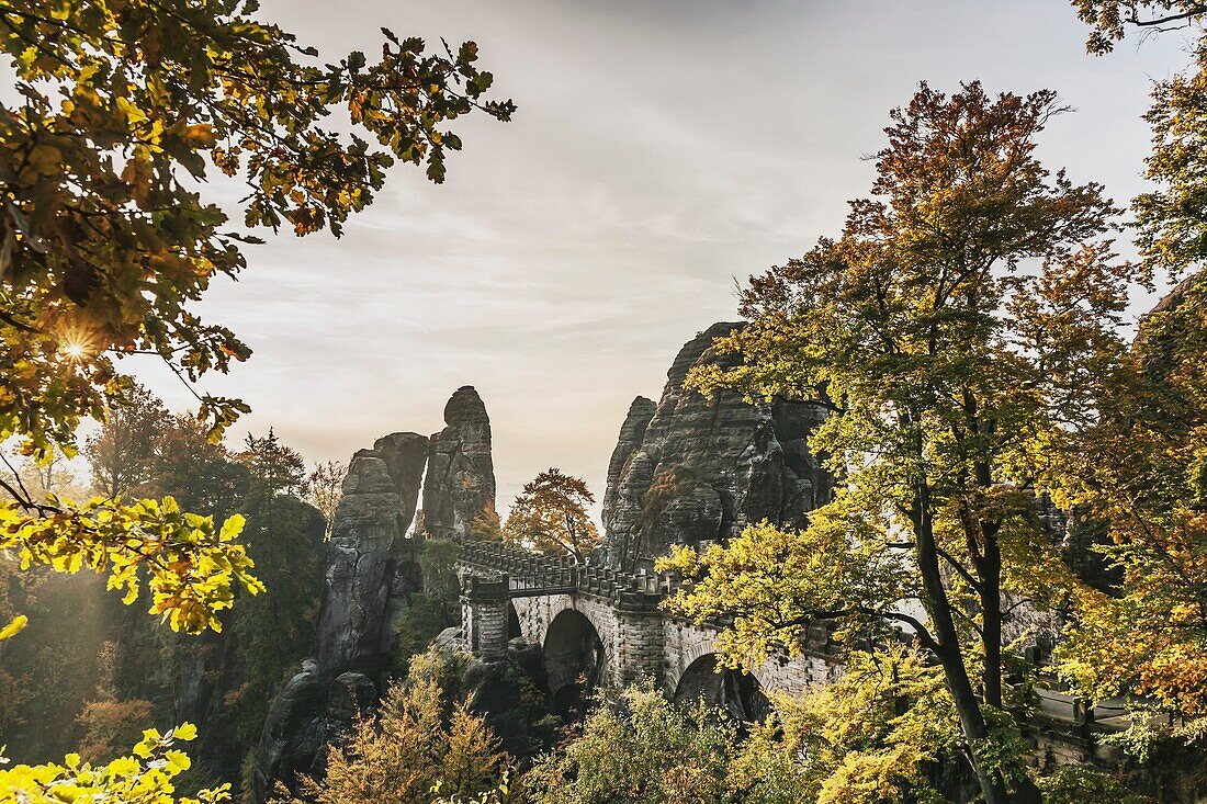 Spectacular rock formation Bastei (Bastion) and Bastei Bridge. It is one of the most visited tourist attractions in the Saxon Switzerland, municipality Lohmen, near Dresden, Saxony, Germany, Europe