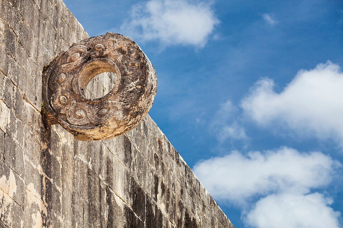 Carved stone hoop on the Great Ball Court, Chichen Itza, Yucatan Peninsula, Quintana Roo, Mexico
