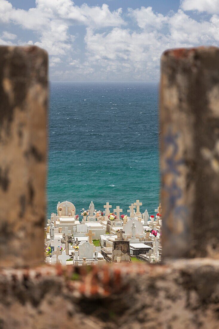 Cementerio de Santa Maria Magdalena de Pazzis, a cemetery in old San Juan, Puerto Rico, view through fortress wall