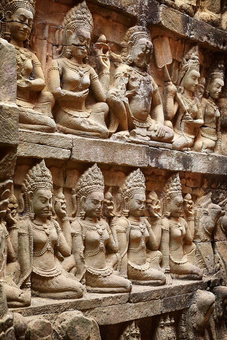 The Terrace of the Leper King - sculptures of the wall of temple, Angkor Temple Complex, Siem Reap Province, Cambodia