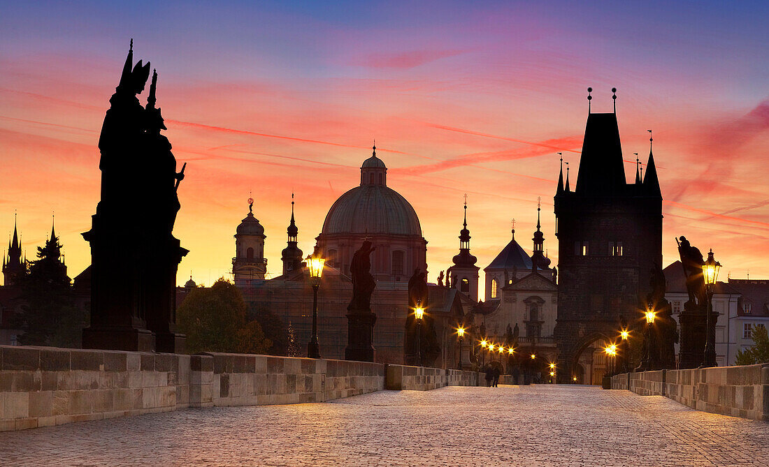 Prague Old Town at sunrise time, Bridge Tower and Charles Bridge, Prague, Czech Republic, Europe