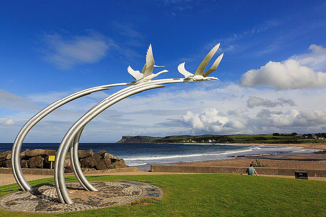 Ballycastle, Co Antrim, Northern Ireland, UK, Europe  Four Swans sculpture from the Children of Lir legend on the seafront promenade
