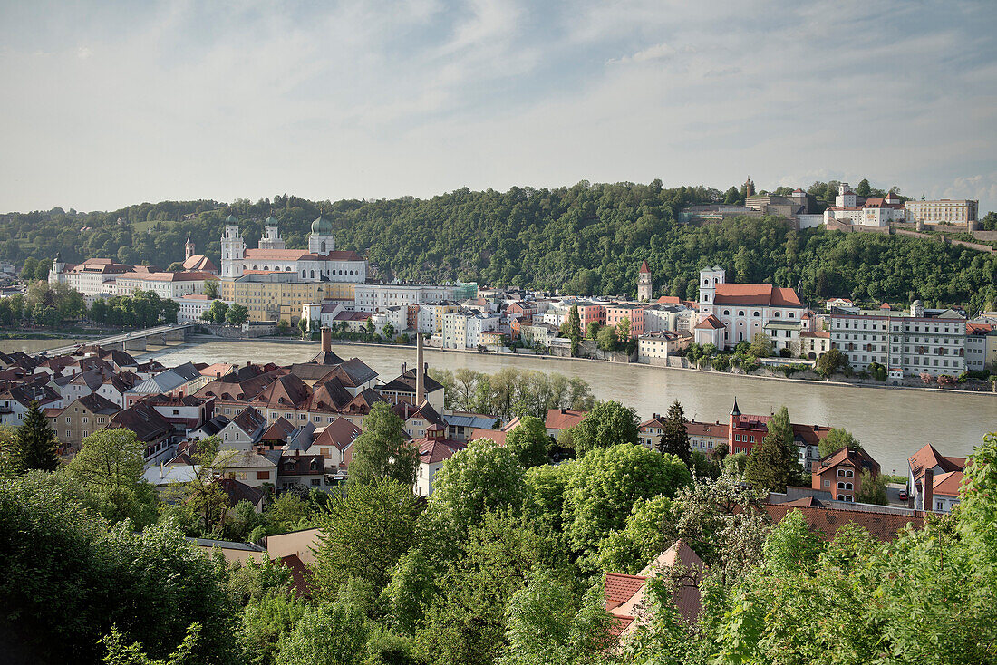 city panorama at old town of Passau with dome St. Stephan, river Inn, Bavaria, Germany