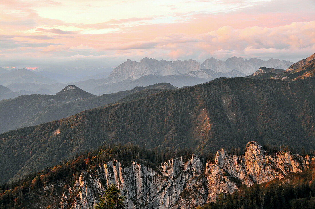 View to the south from Sonnenalp under the Kampenwand, Chiemgau, Upper Bavaria, Bavaria, Germany