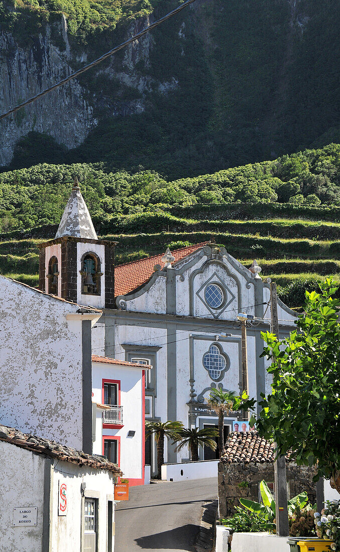 Fajazinha with church, Nossa Senhora dos Remedios, West coast, Island of Flores, Azores, Portugal