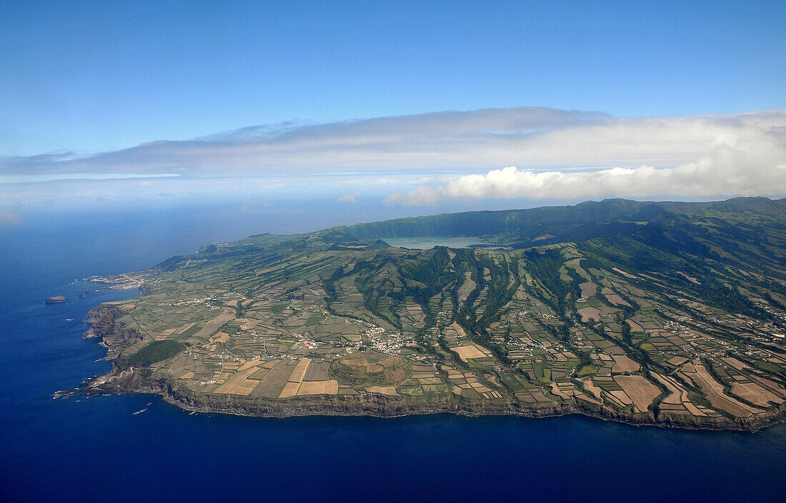 Aerial photo of the west part of the island with Lagoa Azul, Island of Sao Miguel, Azores, Portugal