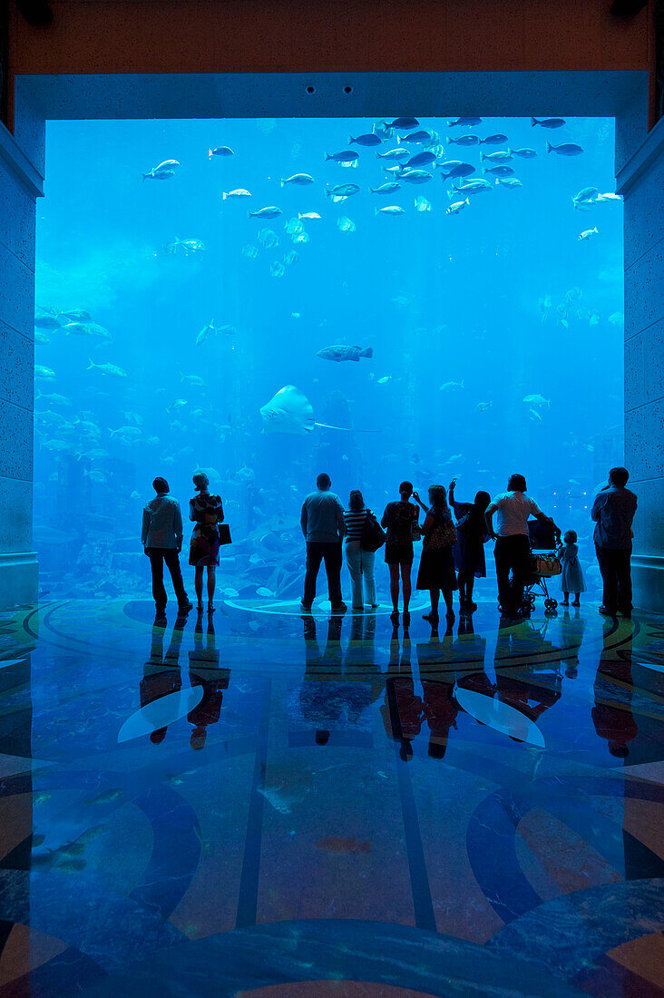 Ian, Cumming, Indoors, Day, Rear View, Large Group Of People, Large Group Of Animals, Silhouette, Reflection, Luxury, Motion, Relaxation, Scale, Wealth, Unrecognizable People, School Of Fish, Aquarium, Window, Vacation, Dubai, United Arab Emirates, Atlant
