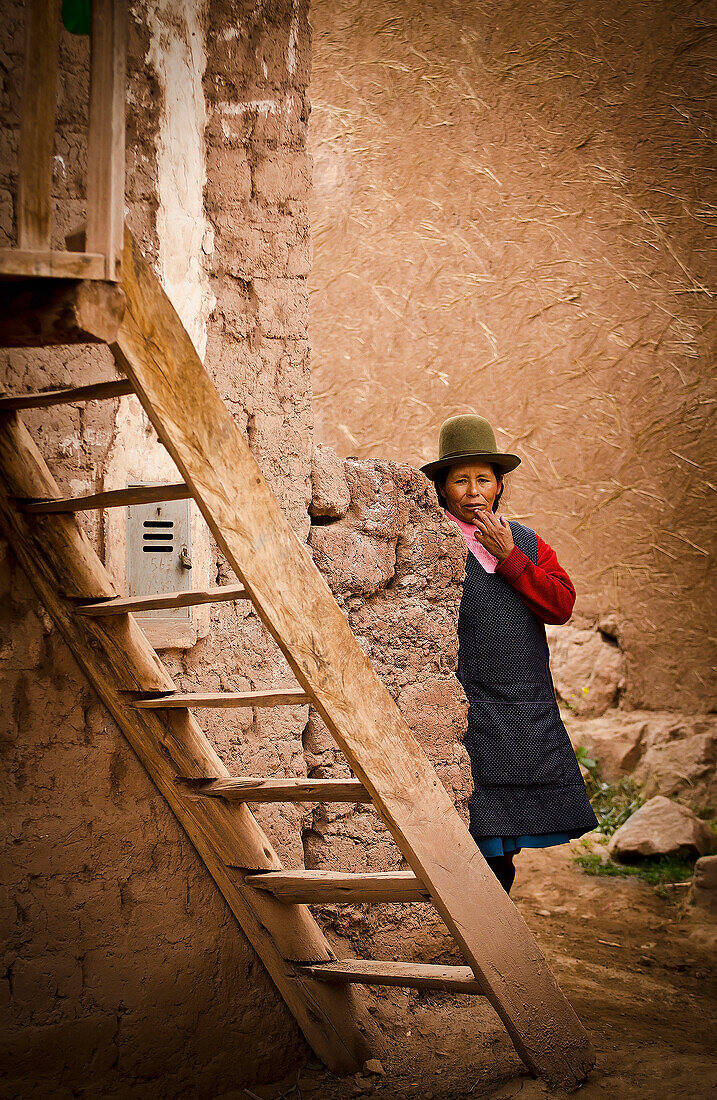 Alex, Adams, Outdoors, Day, Portrait, Looking At Camera, Front View, Full Length, Head In Hands, Standing, Mature Women, One Person, Building Exterior, Architecture, Street, Real People, City Life, Simplicity, Tranquility, Peru, Cuzco, Hat, Stairs, Stone 