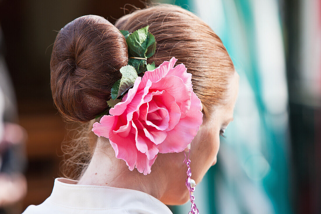 Paul, Quayle, Outdoors, Day, Close-Up, Focus On Foreground, Brown Hair, Unrecognizable Person, Real People, Traditional Clothing, Celebration, April Fearia Festival, Seville, Europe, Spain, Andalucia, Tradition, Rose, Hair Bun, Earring, Responsibility, He
