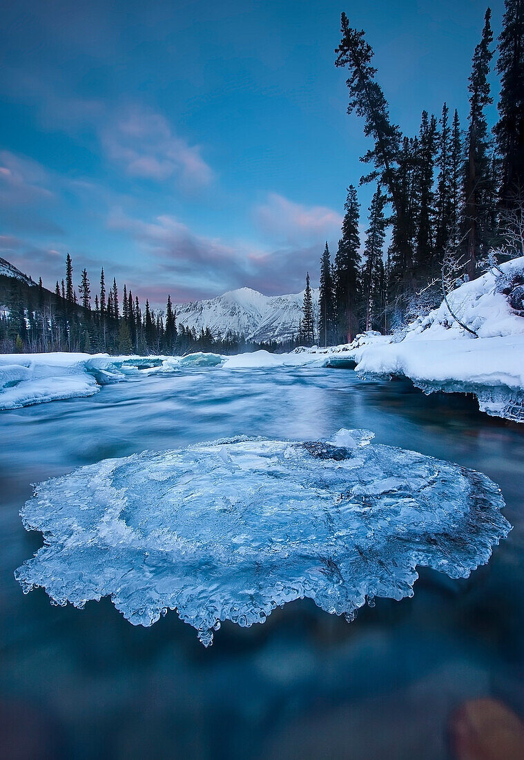 Sunset Over Ice-Covered Rock In Wheaton River, Yukon Canada