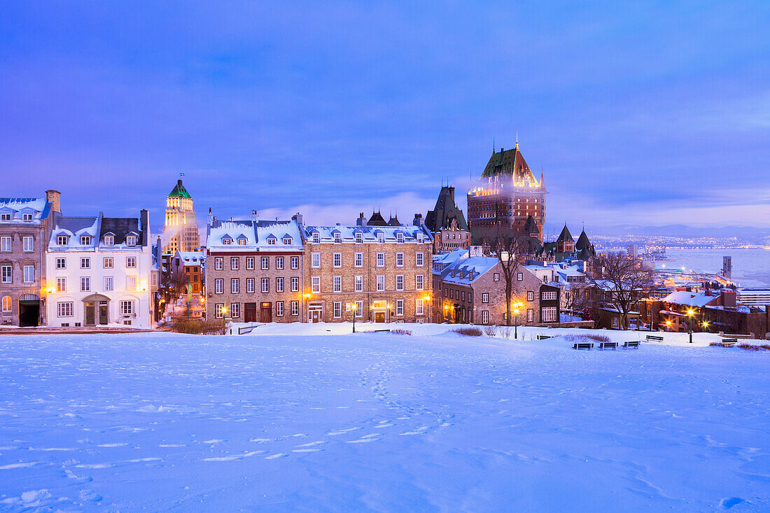 Saint-Denis Street And Chateau Frontenac At Dawn In Winter, Quebec City Quebec Canada
