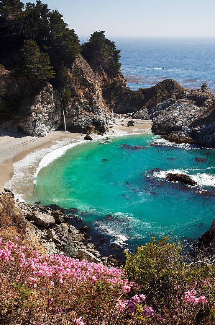 California, Big Sur, Julia Pfeiffer Burns State Park, View of McWay Falls and Pacific Ocean.