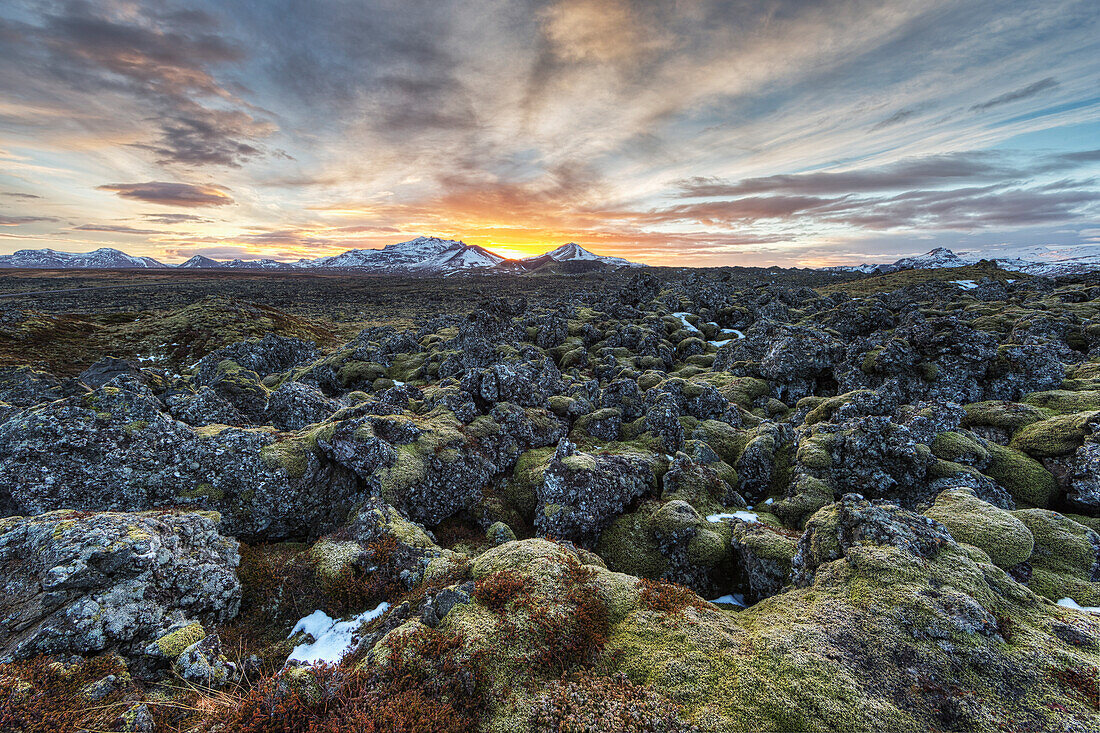 Sunrise over an old lava field on the Snaefellsness Peninsula, Iceland