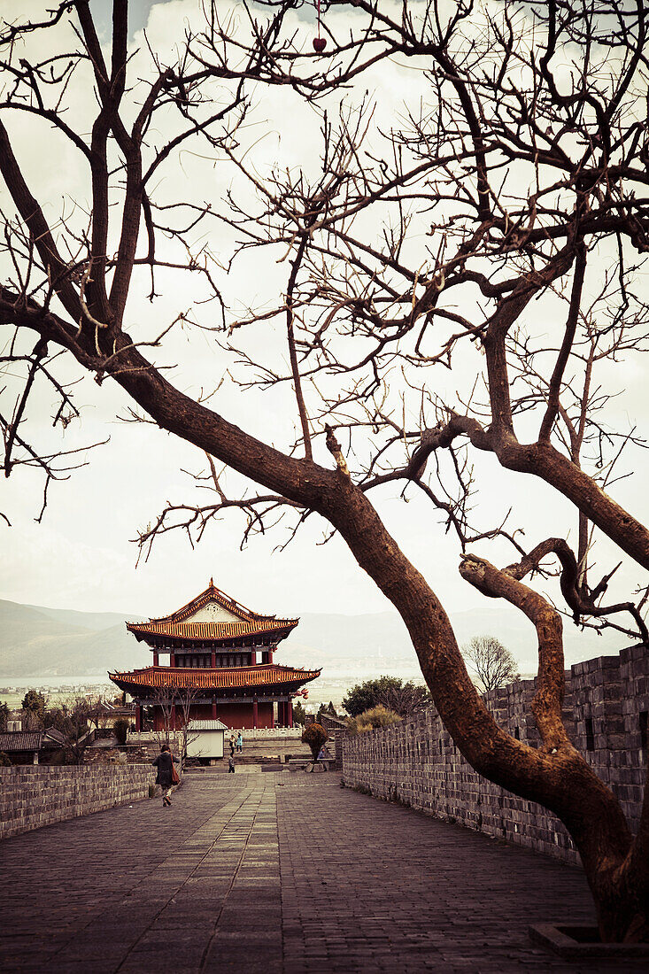 Chinese pagoda sits atop ancient Dali city wall, Dali City, Yunnan, China