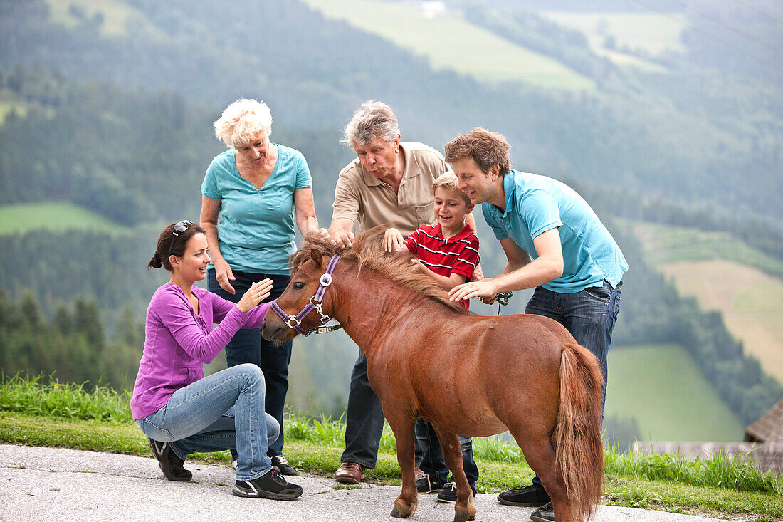 Großfamilie streichelt ein Pony, Steiermark, Österreich
