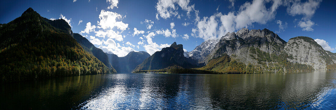 View over lake Konigssee to Watzmann massif, Berchtesgadener Land, Upper Bavaria, Germany