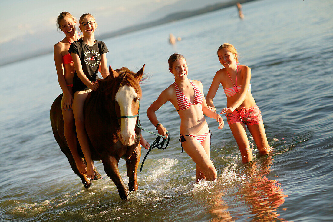 Vier Mädchen mit einem Pferd im Starnberger See, Ammerland, Münsing, Oberbayern, Bayern, Deutschland