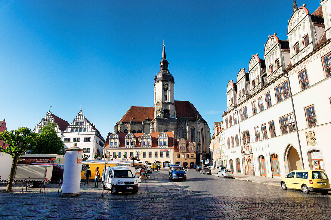 Market square with the parish church of St. Wenzel in the background, Naumburg, Saxony-Anhalt, Germany