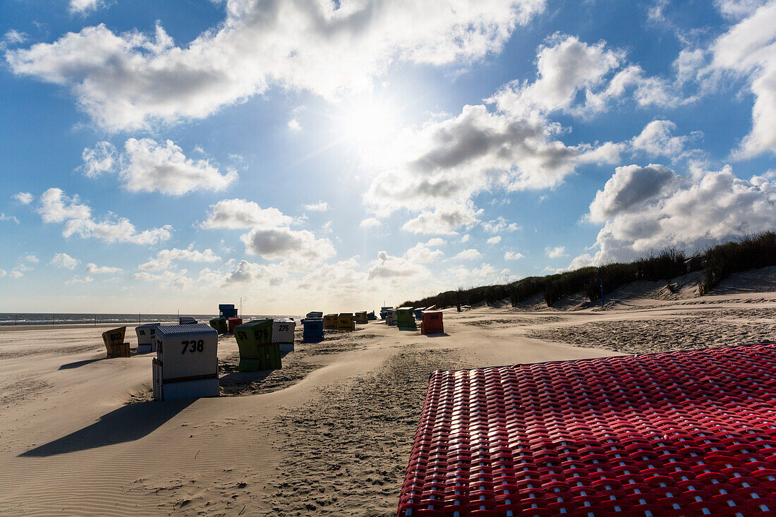 Beach chairs on the beach, sun, clouds, Langeoog Island, North Sea, East Frisian Islands, East Frisia, Lower Saxony, Germany, Europe