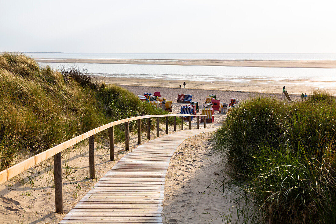 Boardwalk in the dunes to the beach, Langeoog Island, North Sea, East Frisian Islands, East Frisia, Lower Saxony, Germany, Europe