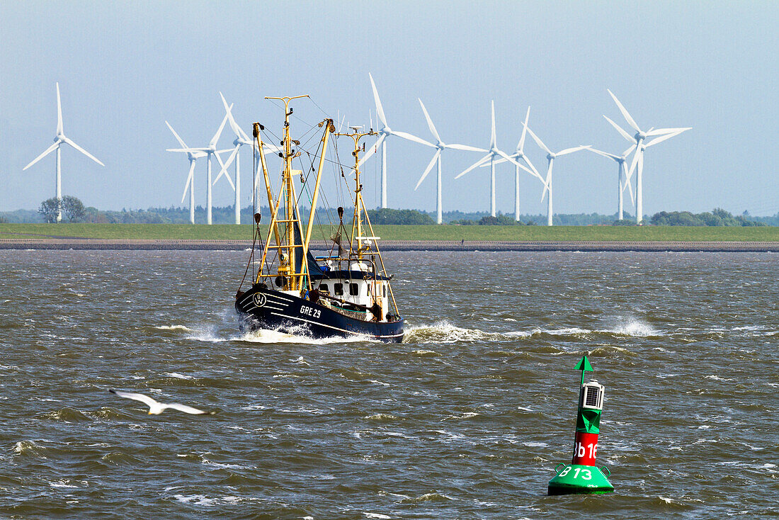Fishing boat and wind power plant, North Sea, East Frisian Islands, East Frisia, Lower Saxony, Germany, Europe