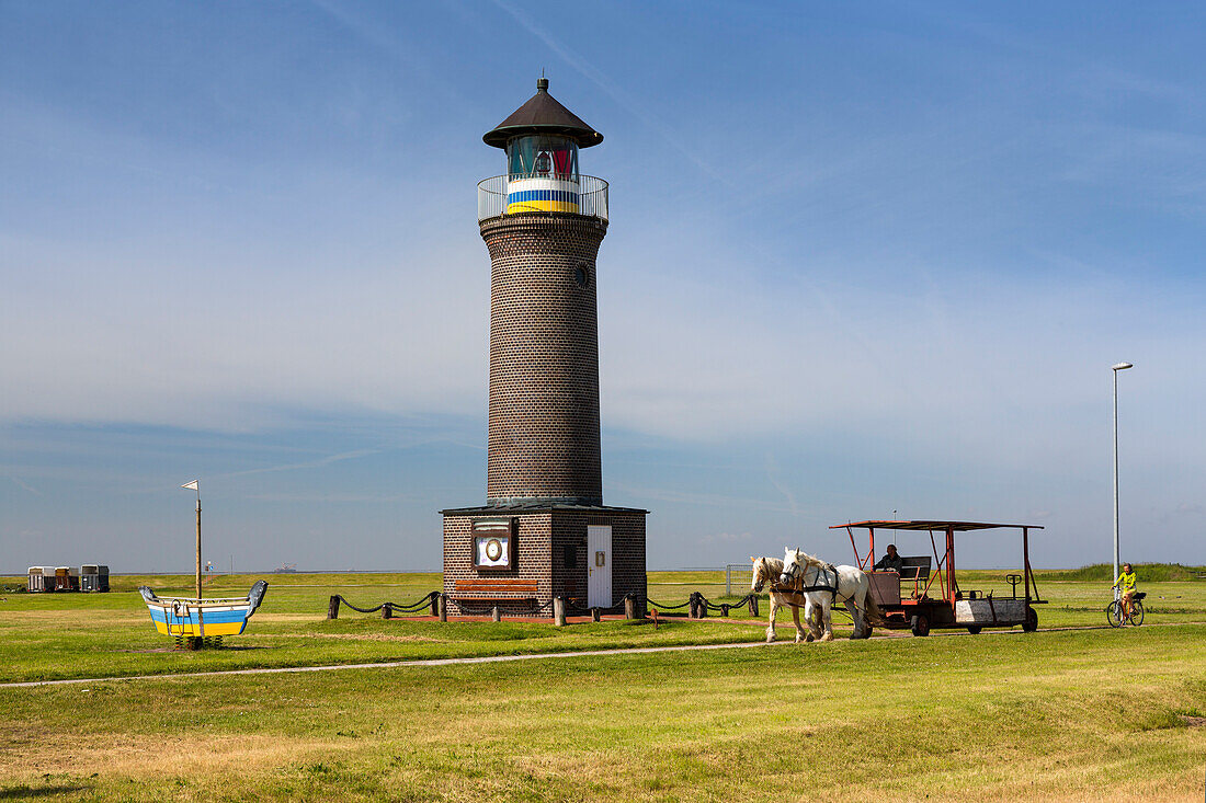 Lighthouse with horse and chart, Juist Island, Nationalpark, North Sea, East Frisian Islands, East Frisia, Lower Saxony, Germany, Europe