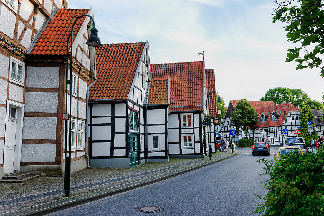 Half-timbered houses in Langenstrasse in Wiedenbrueck, Rheda-Wiedenbrueck, North Rhine-Westphalia, Germany