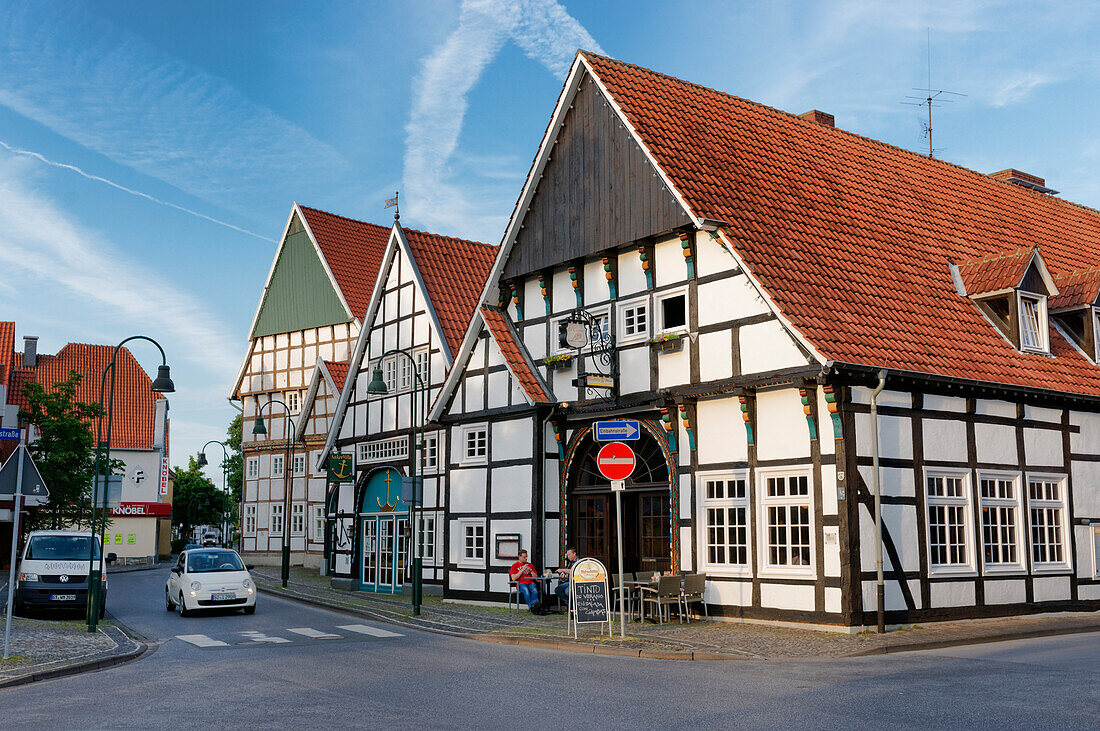 Half-timbered houses in Langenstrasse in Wiedenbrueck, Rheda-Wiedenbrueck, North Rhine-Westphalia, Germany