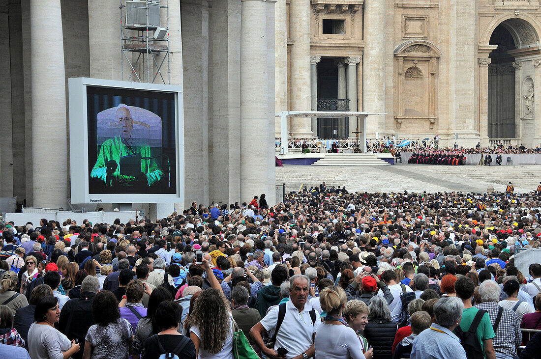 Pope Francis during a papal audience in front of St. Peter's Basilica, Rome, Italy