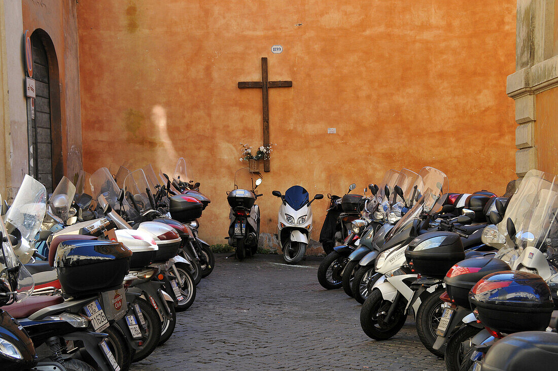 Scooters parked in the streets of Rome, Italy