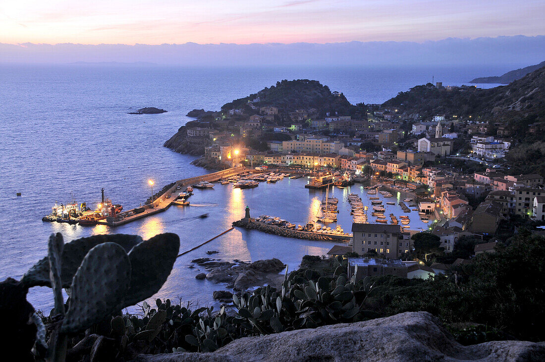 Coastal landscape with Giglio harbour, Giglio Porto, Island of Giglio in Mar Tirreno, South Tuscany, Tuscany, Italy