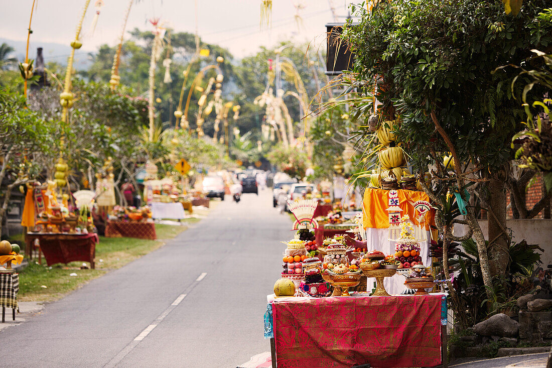 Decorated offering tables along a street, Tugu Br. Tinungan, Bali, Indonesia
