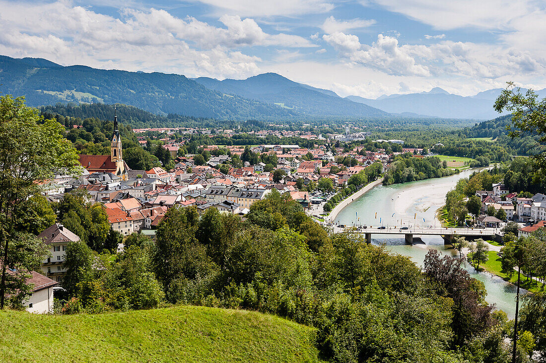 View from the Calvary hill over Bad Toelz and River Isar, Upper Bavaria, Germany