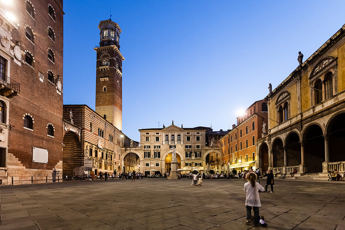 Piazza dei Signori with Dante Statue and Torre dei Lamberti, Verona, Veneto, Italy