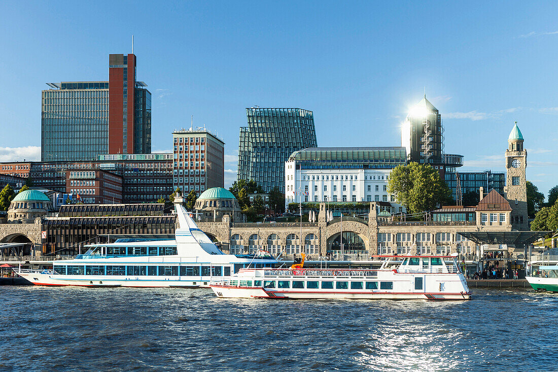 St. Pauli Landing Stages with high-rise buildings in background, Hamburg, Germany