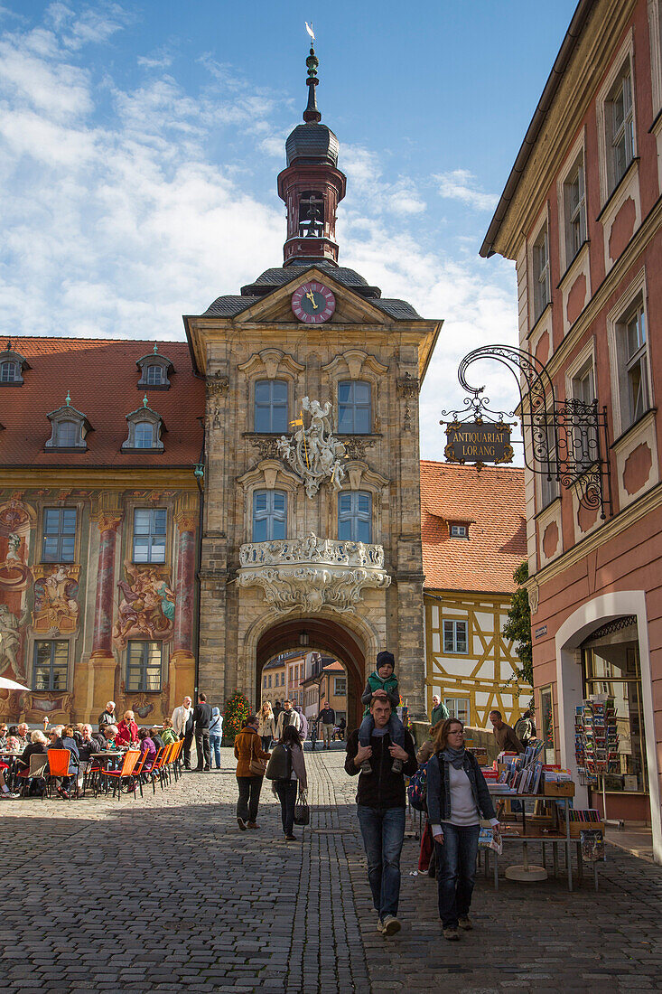 Fußgänger, Café und Altes Rathaus, Bamberg, Franken, Bayern, Deutschland