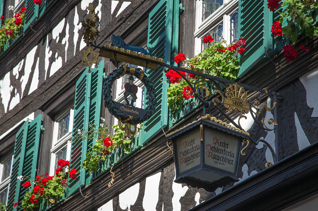 Sign of Schlenkerla brewery and restaurant, Bamberg, Franconia, Bavaria, Germany