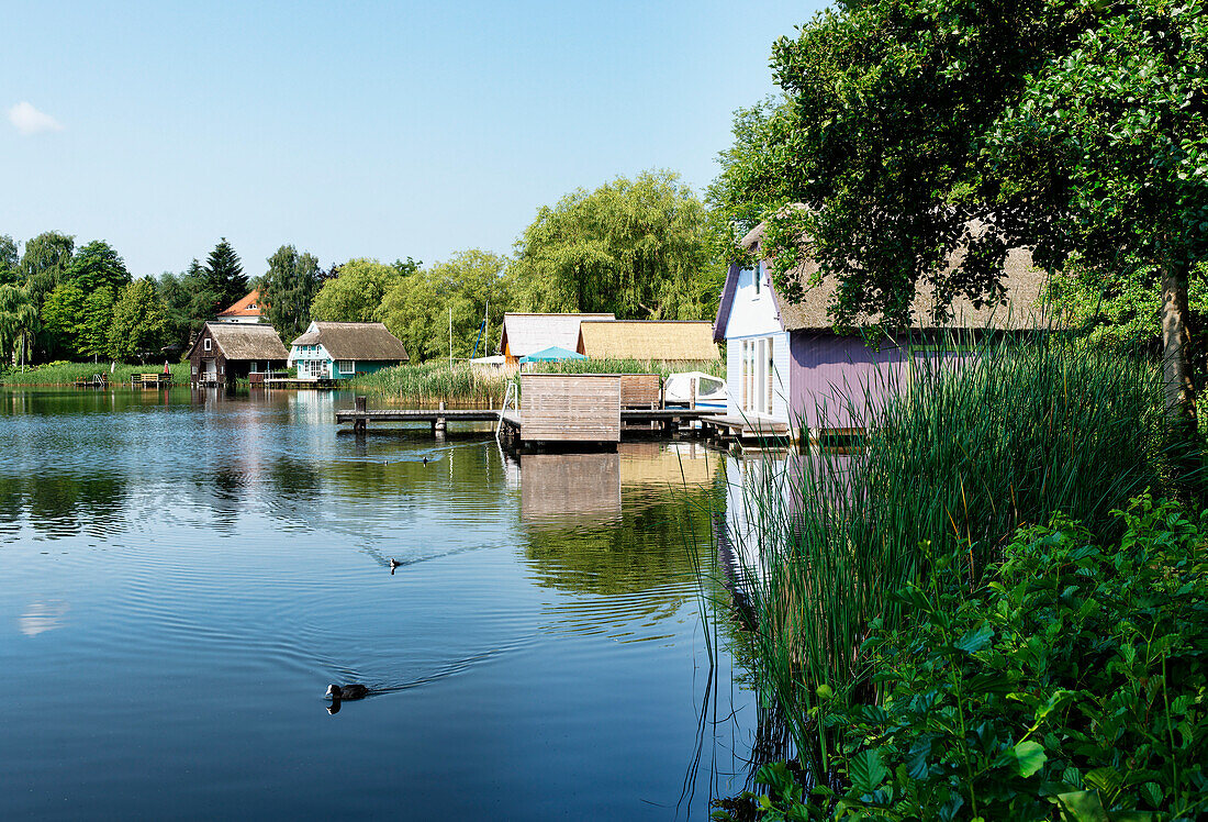 Boathouses at lake Krakow, Krakow am See, Mecklenburg-Western Pomerania, Germany
