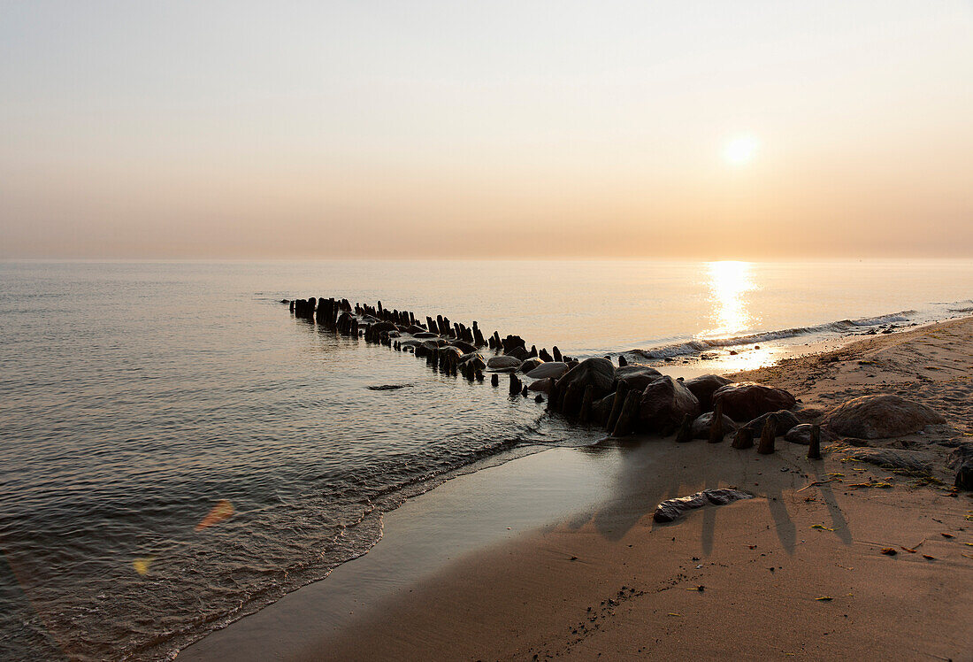 alte Buhnen in Kühlungsborn West bei Sonnenaufgang, Ostseebad Kühlungsborn, Mecklenburg-Vorpommern, Deutschland